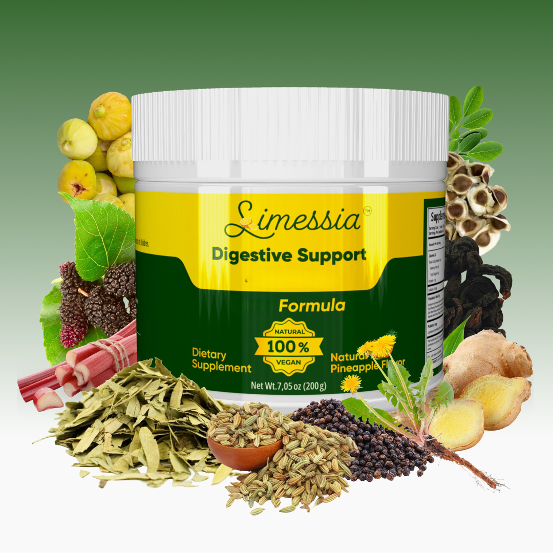 Slimessia Digestive Support Formula 200 g container with decorative plants and ingredients