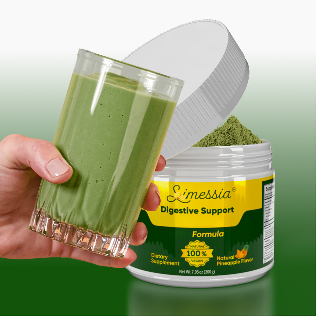 Glass of green drink held beside the Slimessia Digestive Support powder container