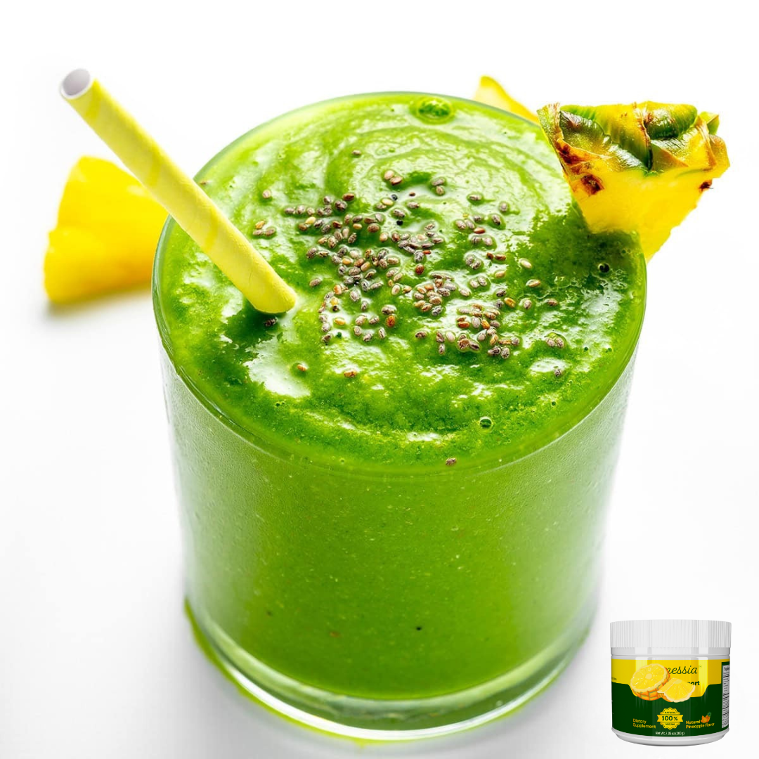 Green drink with a straw and pineapple decoration beside a small product image