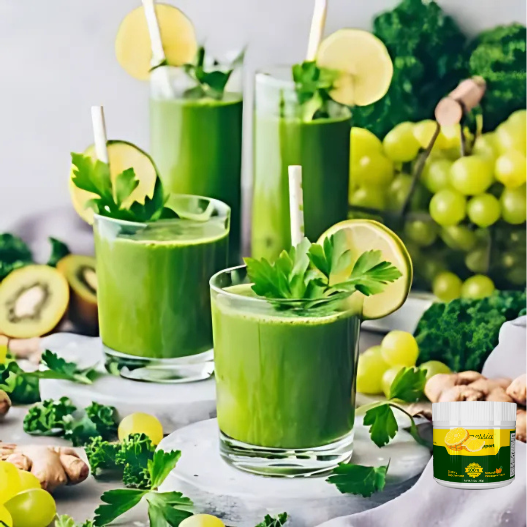 Glasses of green drinks with fruit and vegetable decoration and a small product image