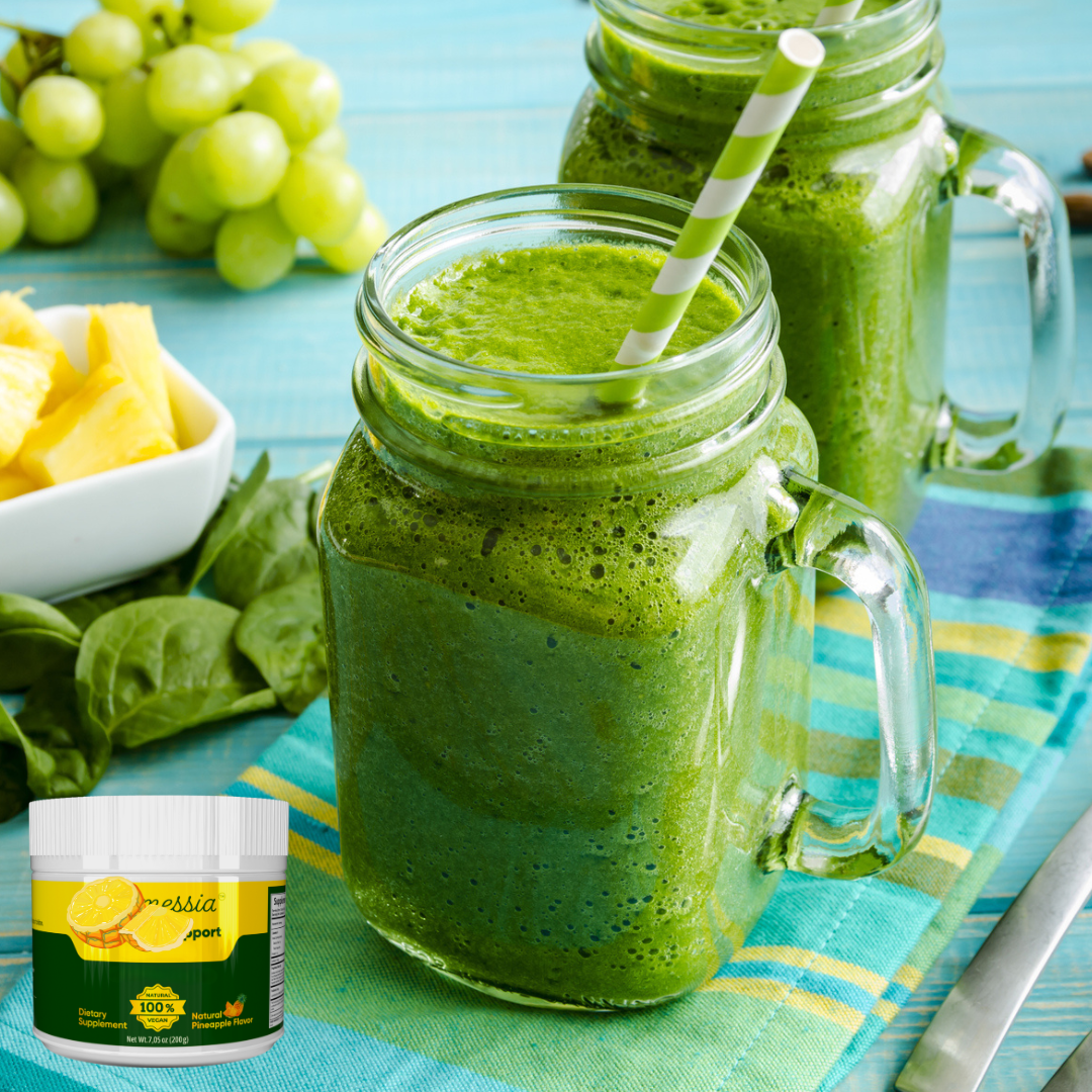 Green drink in a glass jar with fruit decoration and a small Digestive Support product image