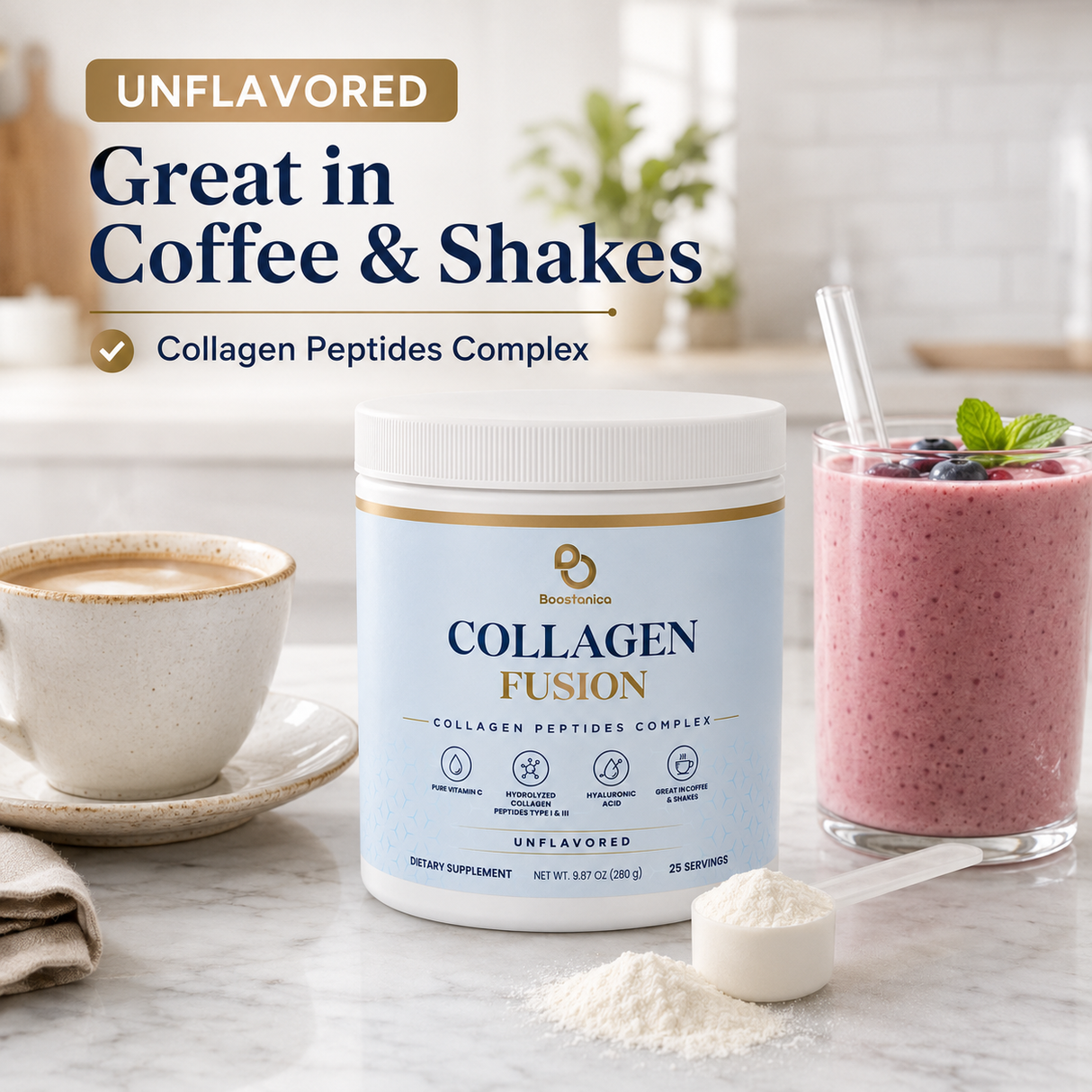 Boostanica Collagen Fusion Unflavored Powder — Collagen Peptides Complex, 25 Servings