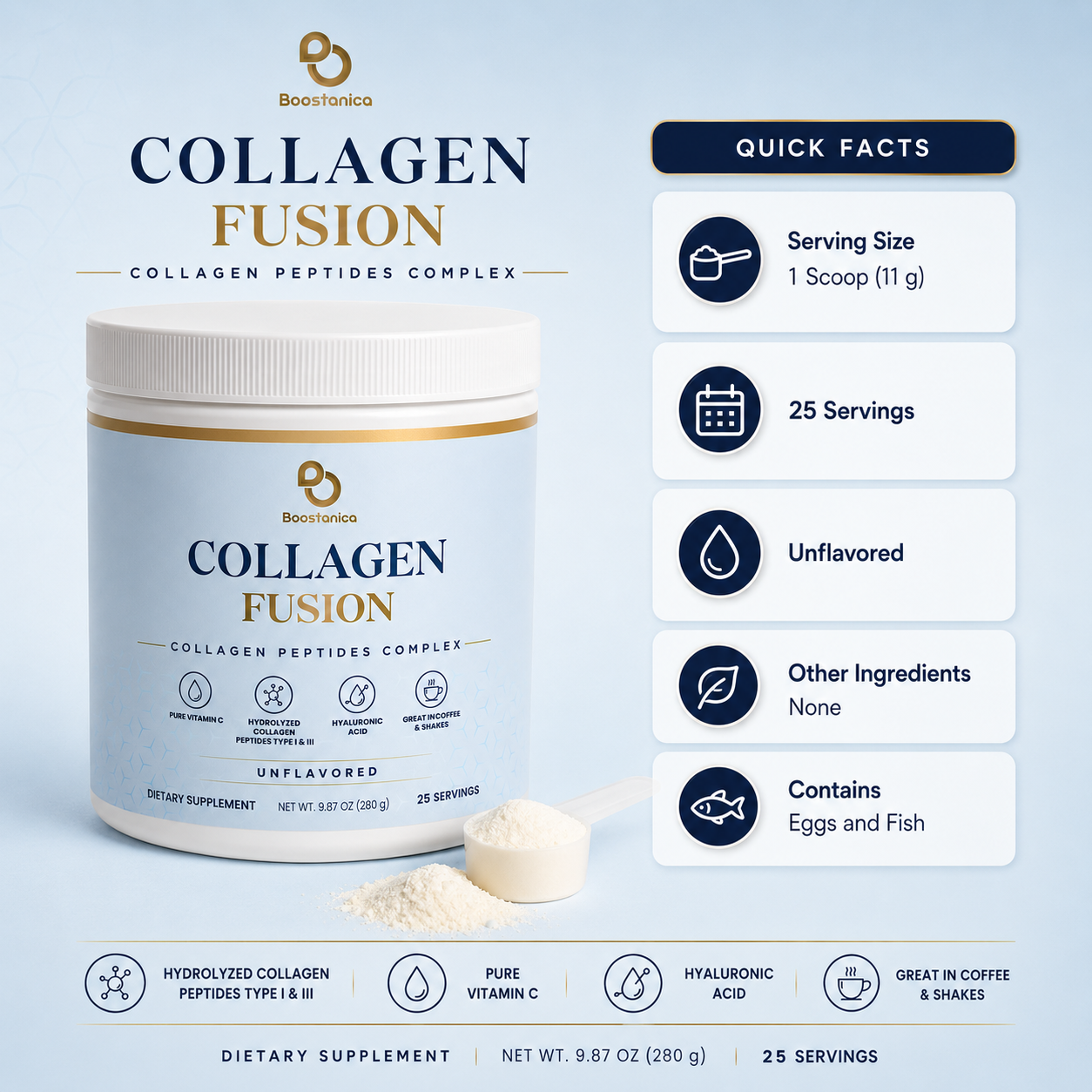 Boostanica Collagen Fusion Unflavored Powder — Collagen Peptides Complex, 25 Servings
