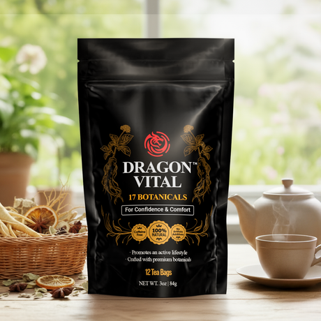 Dragon Vital tea pouch beside a cup