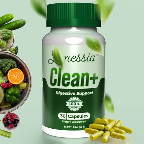 Slimessia Clean+ bottle beside decorative fruit and vegetables