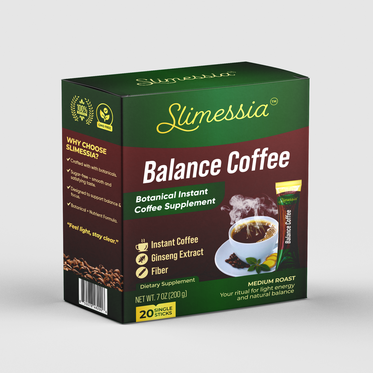 Slimessia Balance Coffee - Botanical Instant Coffee Supplement with Garcinia Cambogia and Ginseng - Medium Roast - 20 Single Serve Packets - 7oz | By Robutop