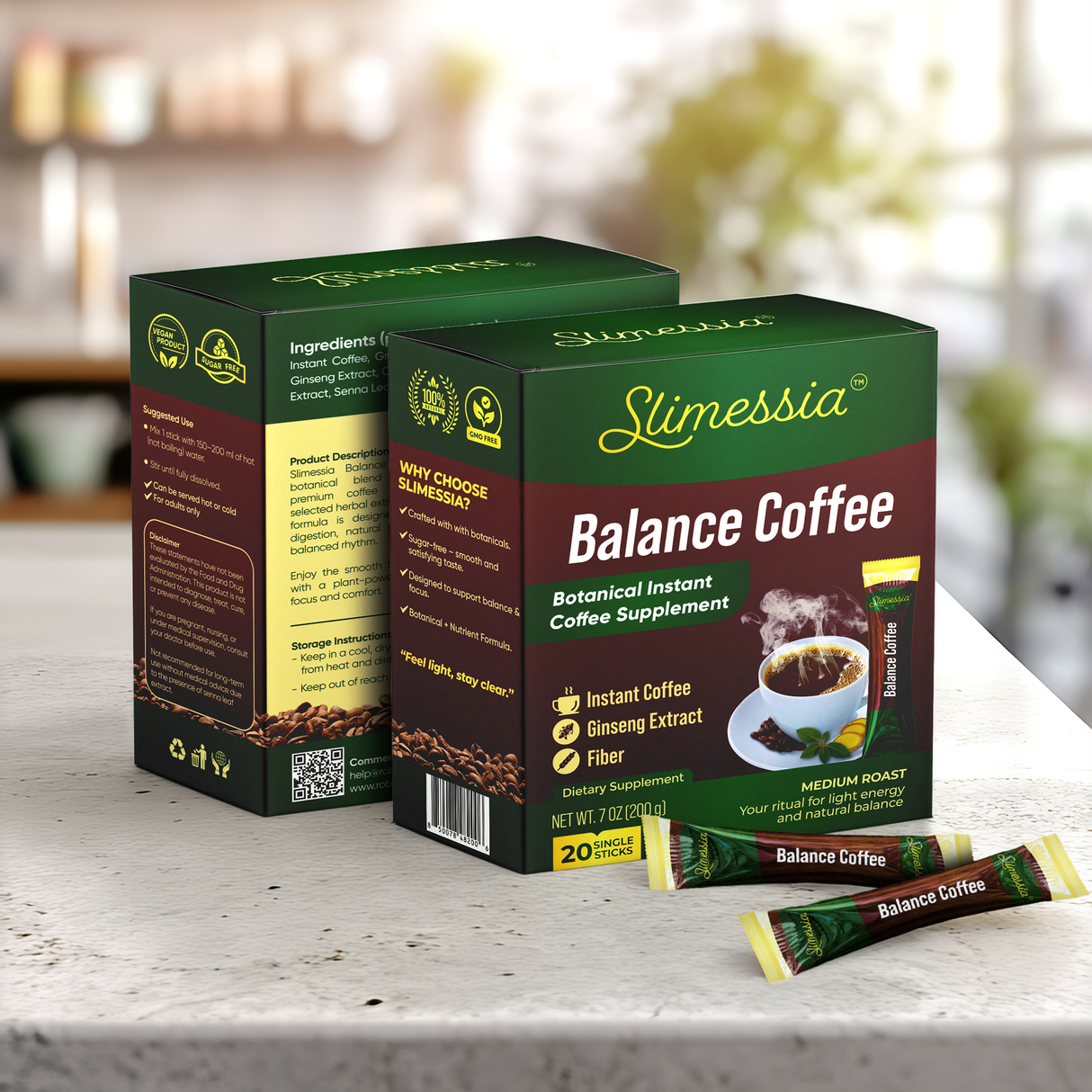Slimessia Balance Coffee - Botanical Instant Coffee Supplement with Garcinia Cambogia and Ginseng - Medium Roast - 20 Single Serve Packets - 7oz | By Robutop