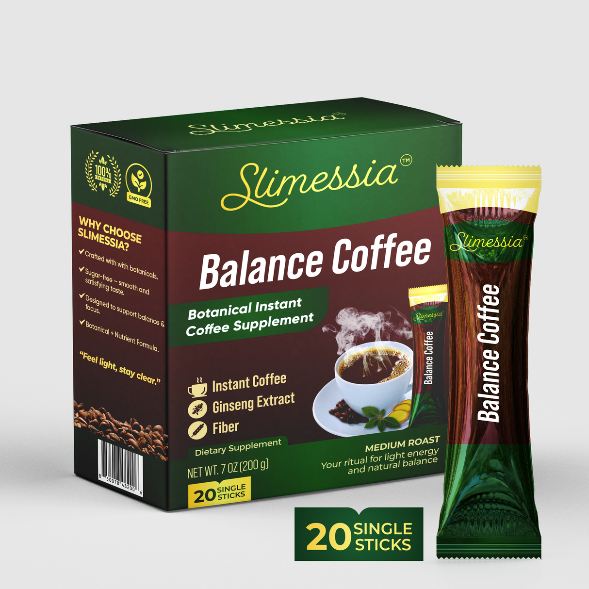 Slimessia Balance Coffee - Botanical Instant Coffee Supplement with Garcinia Cambogia and Ginseng - Medium Roast - 20 Single Serve Packets - 7oz | By Robutop