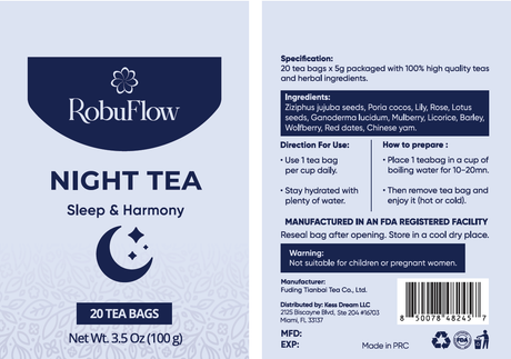 RobuFlow Night Tea, with Jujube, Lotus & Rose, Relaxing Bedtime Tea for Sleep & Calm, 20 Bags, Caffeine-Free, Natural Ingredients by Robutop