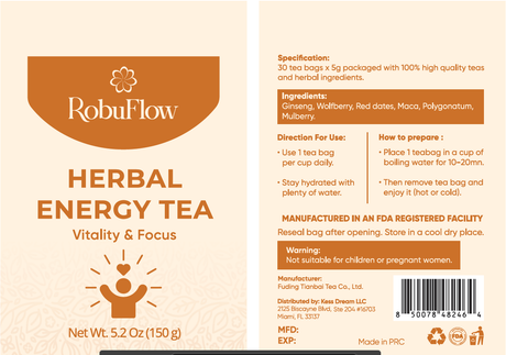 Robuflow, Herbal Energy Tea, Vitality & Focus, 30 tea bags, by Robutop