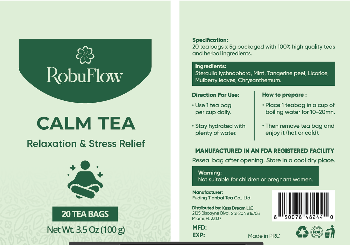 RobuFlow - Calm Tea – Herbal Tea with Chrysanthemum, Mint, Licorice & Tangerine peel – 20 Tea Bags | Natural Stress Relief & Relaxation Blend – by Robutop